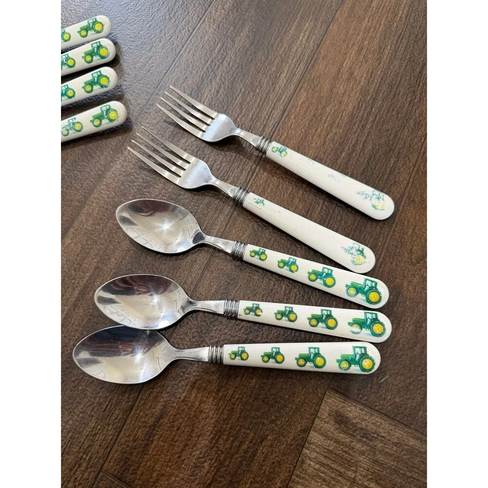 Vintage Gibson John Deere Kids Flatware 13 Pc Set Tractor Stainless Spoons Forks